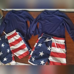 Matching 3T boys American flag bathing suits and rash guards